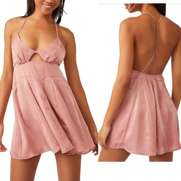 Free People Pink Rose Satin Good Catch Mini Babydoll Slip Dress Sz Medium Flowy - Picture 1 of 16